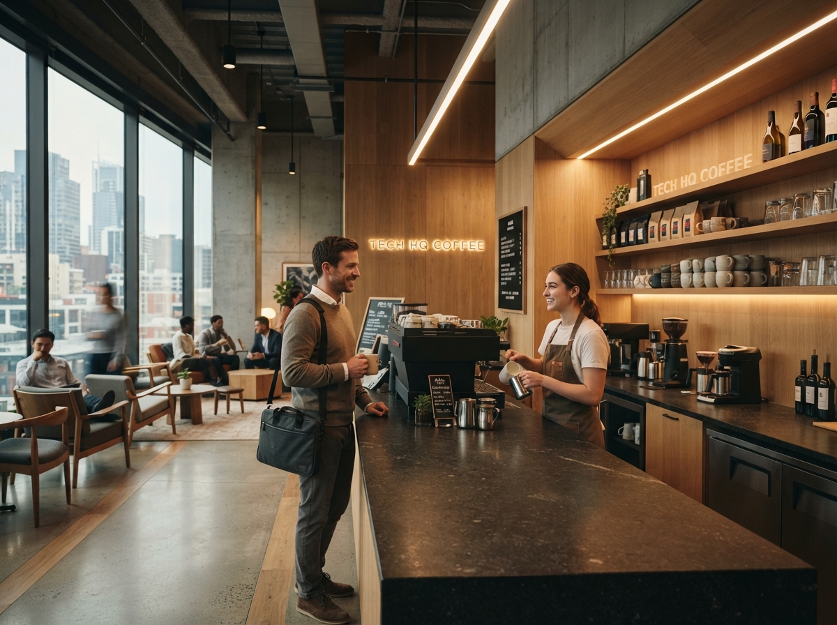 Cafetería de Nexo con una barra de madera, café de especialidad y luz natural.